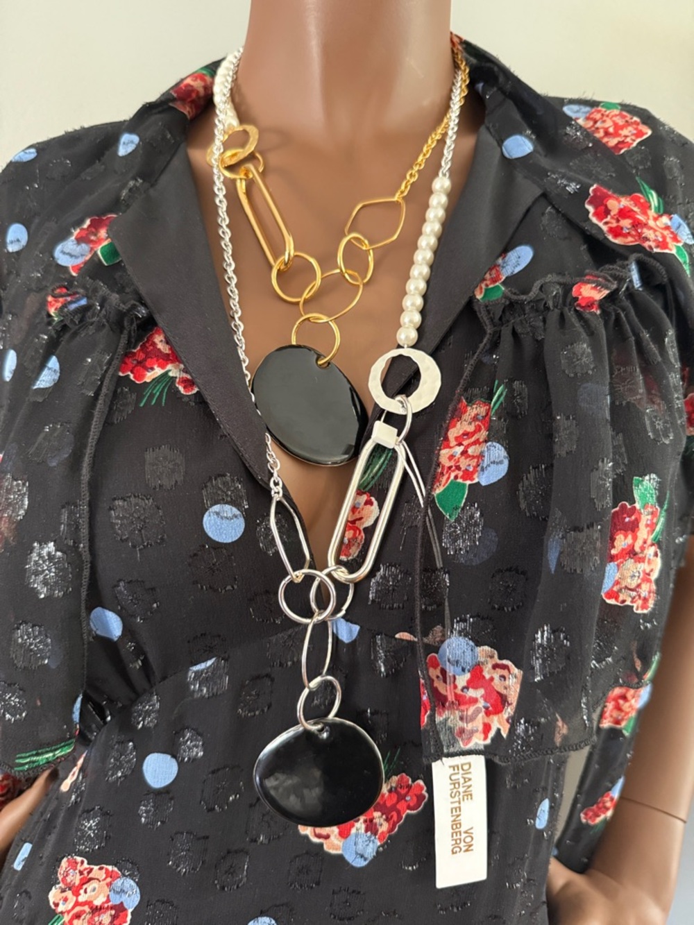 Diane Von Furstenberg Long Mixed Metal, Black Enamel Disc & Pearl Necklace NWT
